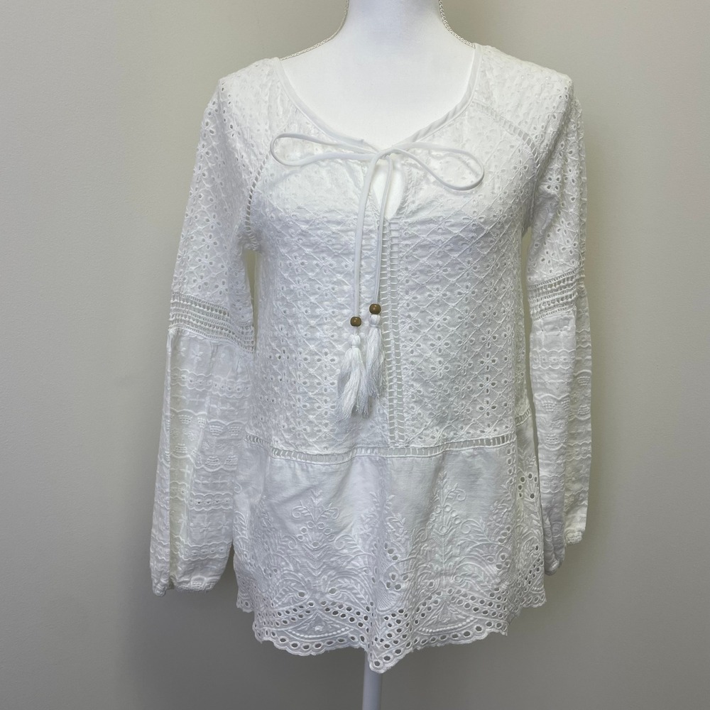 Single Thread White Eyelet Lace Tassel Tie Boho Blouse Top M Chabby Chic